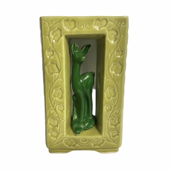 Vintage Shawnee Pottery Double Vase 850 Chartreuse Green Deer Ivy Mid Century - Picture 6 of 11